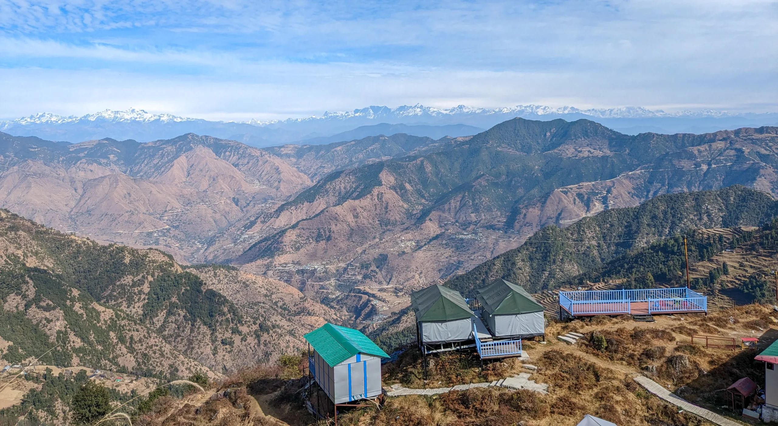 Panoramic View of the Himalayas from Dhanaulti, Uttarakhand Mountain landscape with snow-capped Himalayan peaks in the distance, rolling brown hills, scattered trees, and eco-friendly campsites in Dhanaulti, Uttarakhand under a partly cloudy sky.
